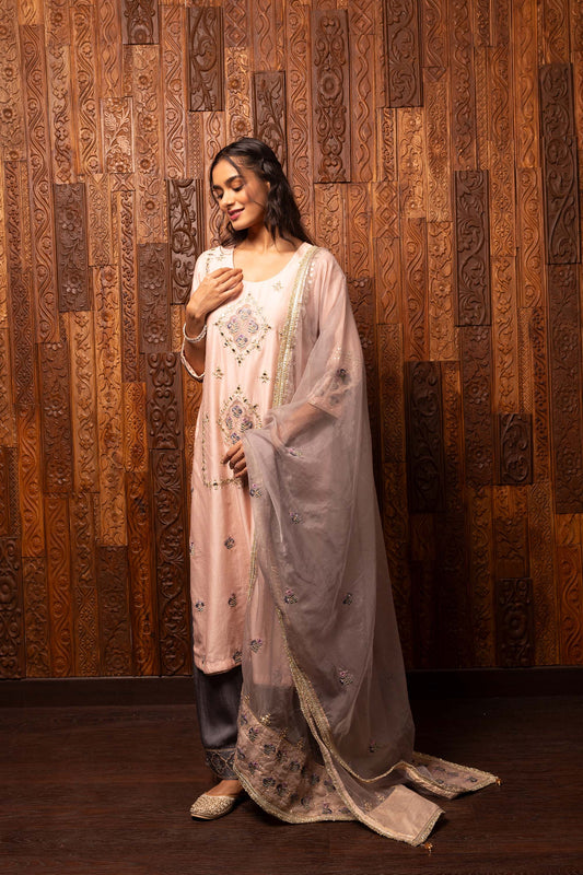 Tales of grace Light Pink Chanderi silk Embroidered Suit set