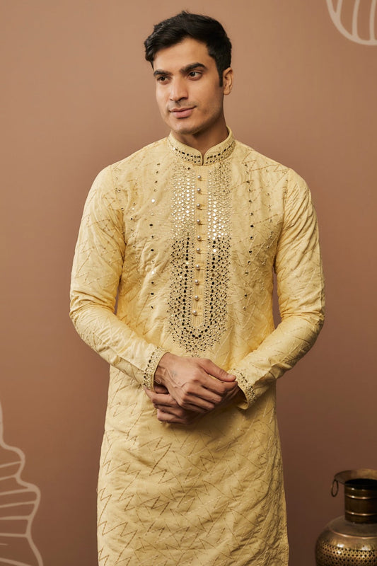 Light yellow silk kurta set with hand and machine work