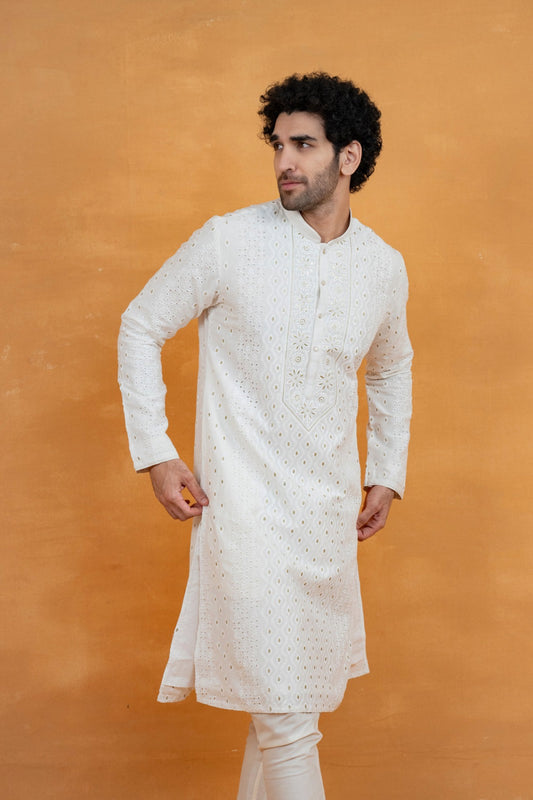 White silk kurta set with golden thread work