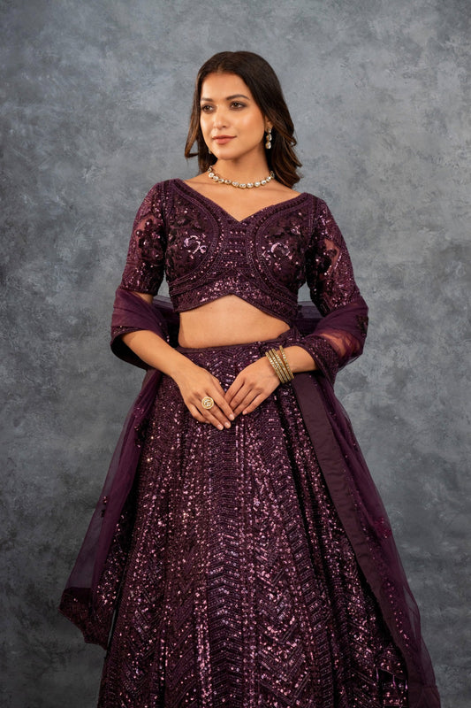 Wine net lehenga choli with sequins, hand cut dana and dori work