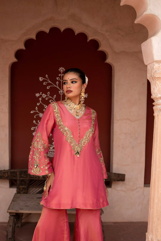 Gulabi Raag Hand-Embroidered Gharara Set