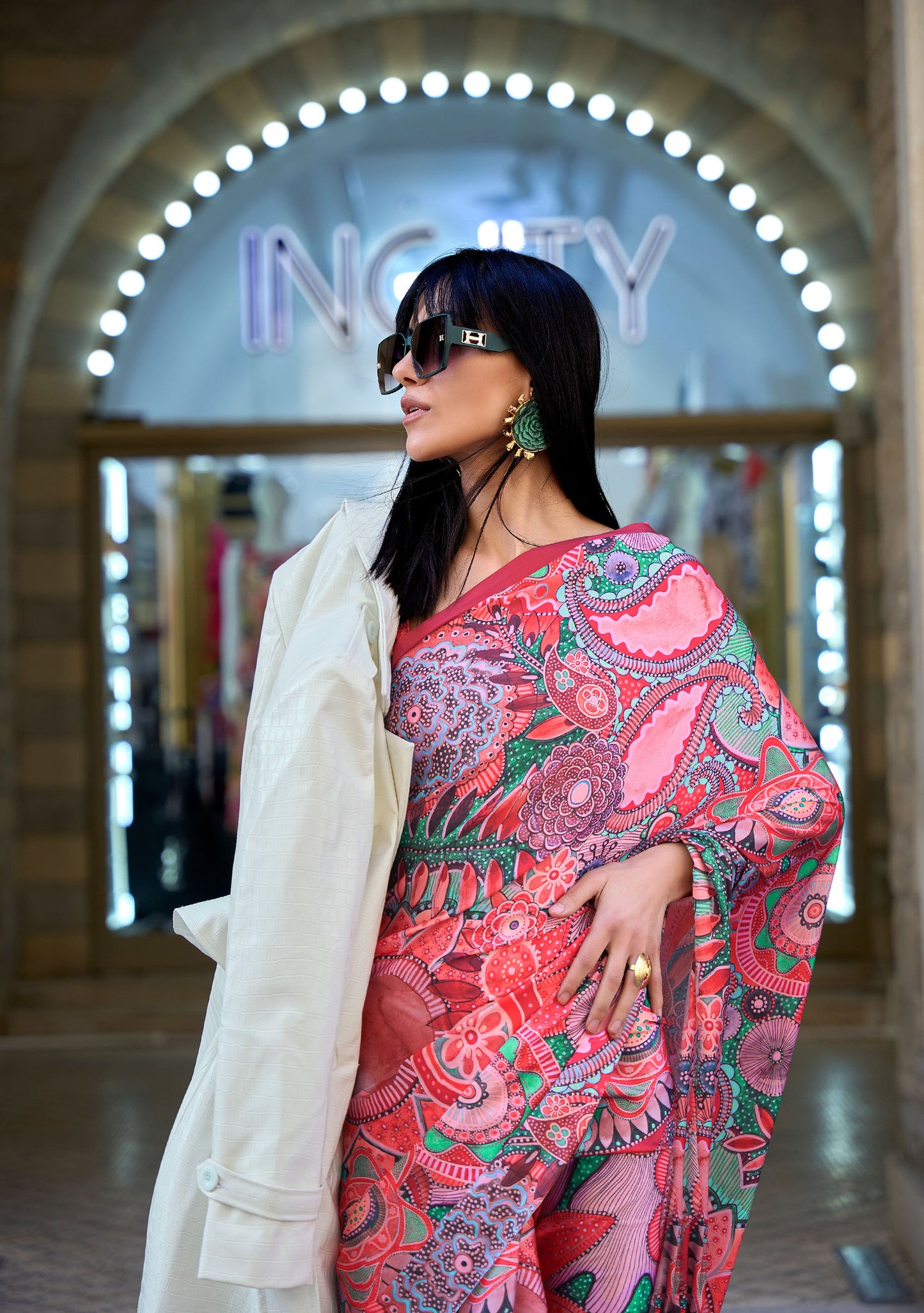 Pink Multi Pattern Klora Satin Crepe Digital Print Saree