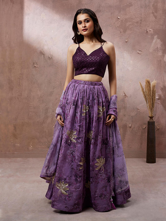 Lavender Organza Floral Printed Lehenga choli & Dupatta