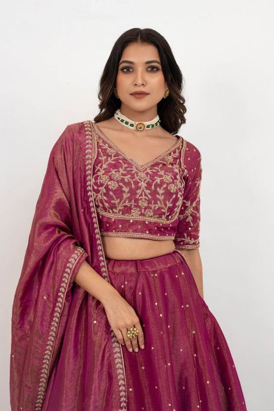 Magenta tissue silk zardozi embroidered lehenga choli with hand cut dana and beads work