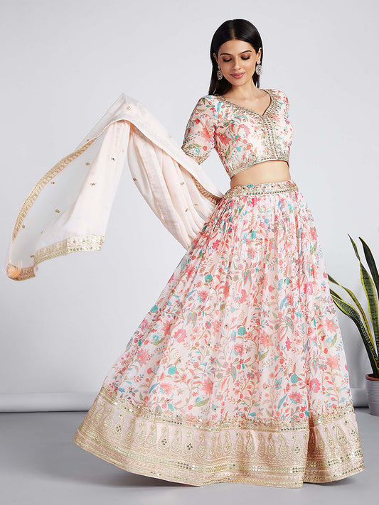 Cream Organza Floral design digital print Lehenga