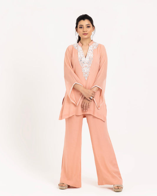 Peach and Pearl Work Georgette Festive coord set