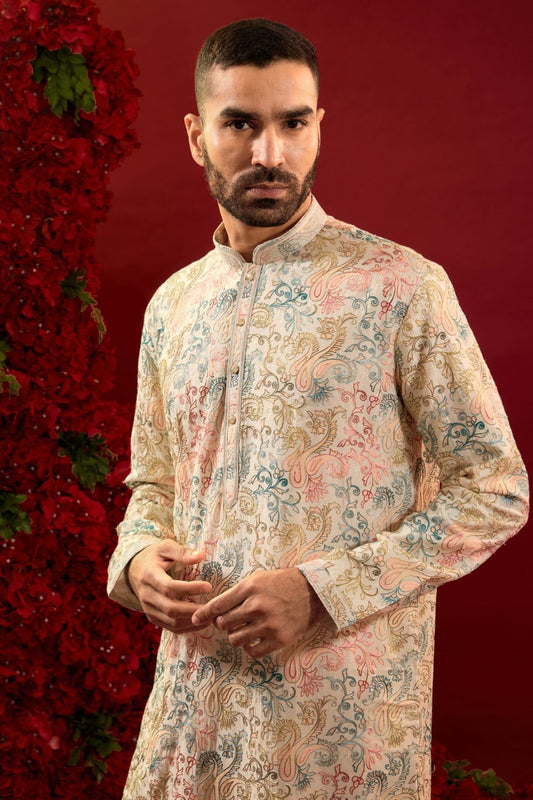 Pink silk kurta & pajama with machine work