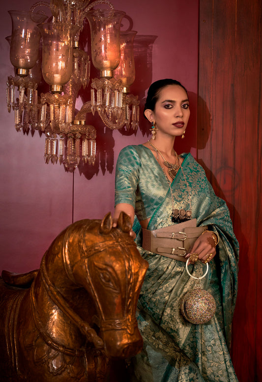Teal green Kalkatti Zari Handloom Silk Saree