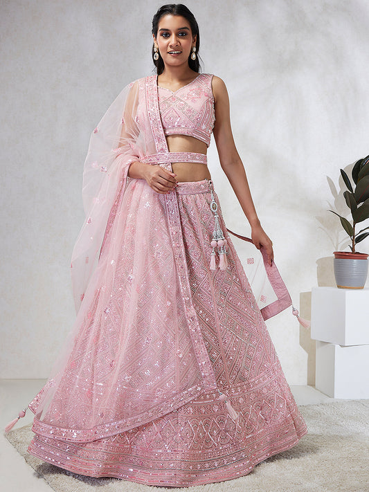 Pink Net Cutdana, Sequins and Zarkan embroidery Lehenga