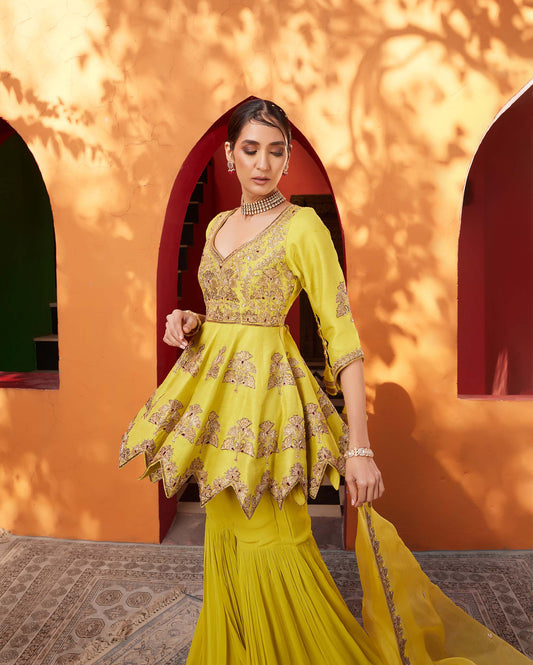 Mughal Yellow Raw Silk Embroidered Haldi Sharara