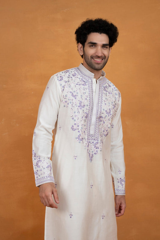 Cream silk kurta set with lavender resham embroidery and mirror work