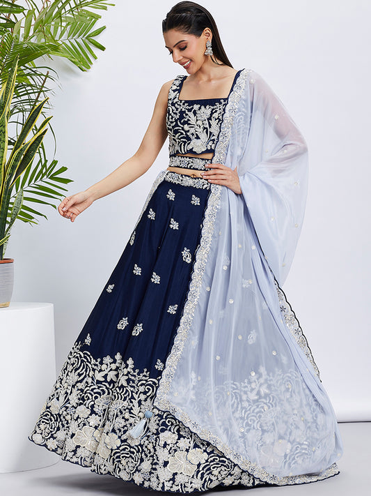 Navy blue Pure Georgette Sequins and thread embroidery Lehenga choli