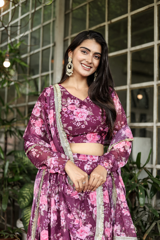 Dusky Bloom Purple Chiffon Floral Print Festive Skirt Set