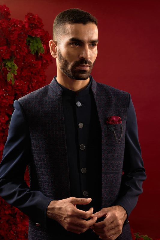 Black silk suit set with machine work