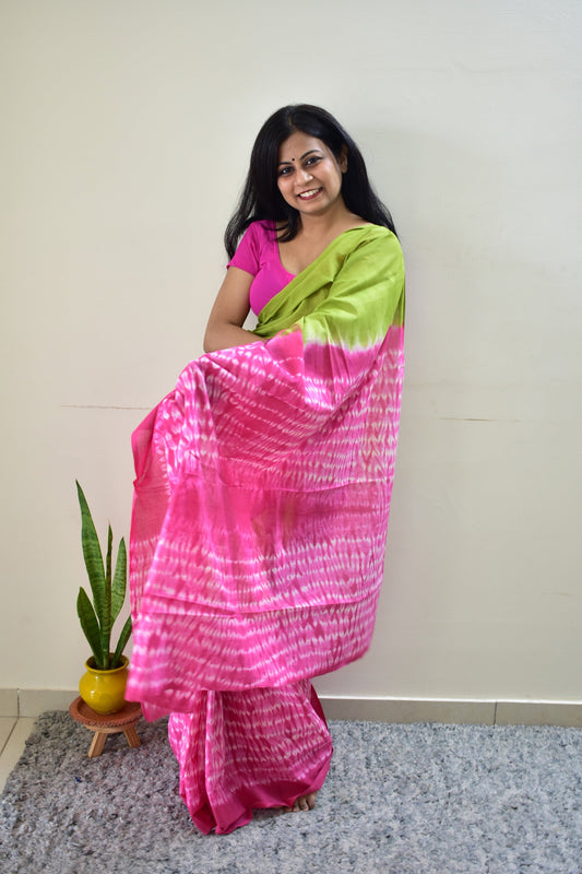 Sadagi -Tie & Dye Shibori Print Natural Dyed - Green Mulmul Cotton Saree
