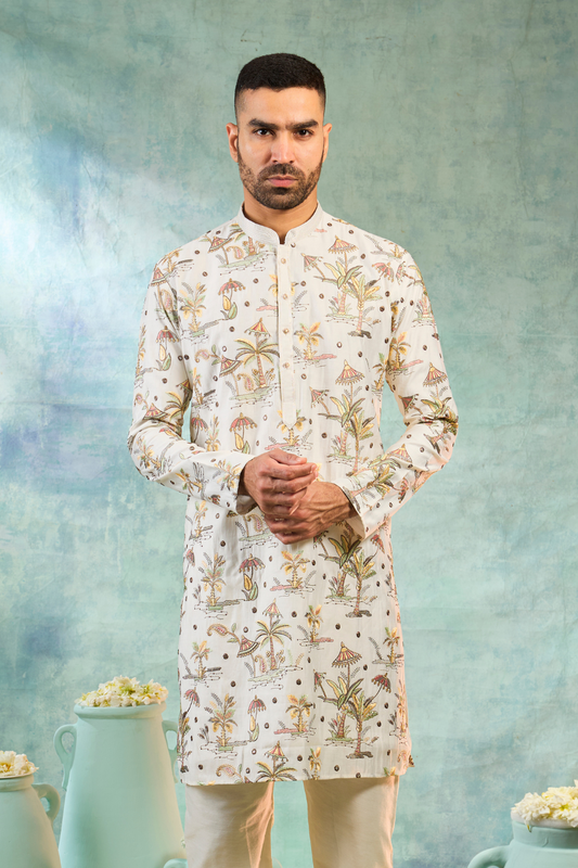 Ivory silk kurta set with multi coloured thread embroidery work