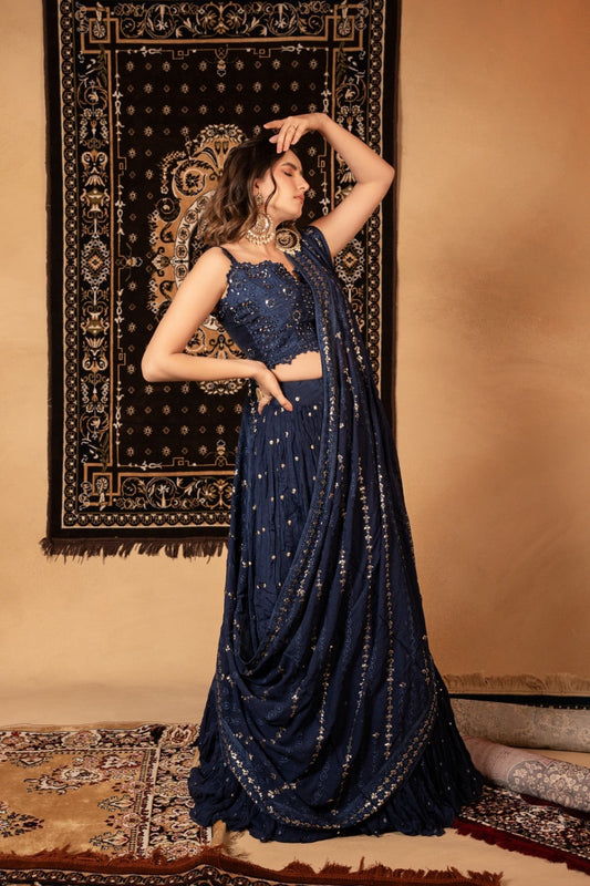 Royal blue georgette lehenga with foil work