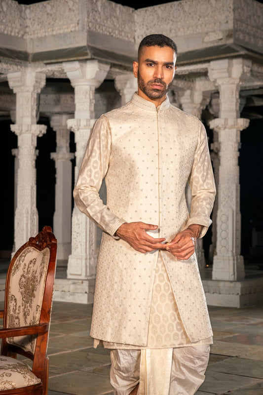 Cream silk Indo-Western Set with Machine & Sequence Work