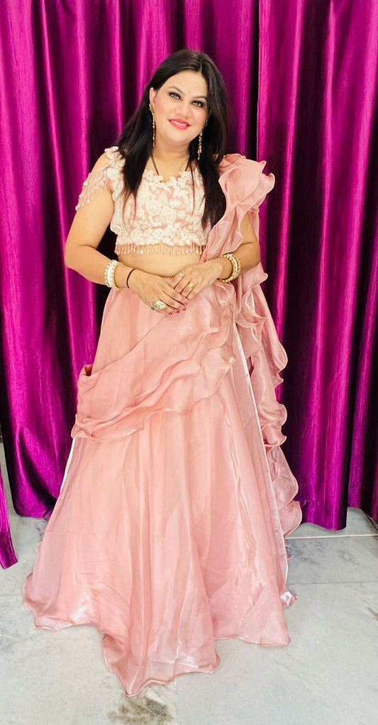 Coral Jimmy Choo embroidered Cocktail lehenga