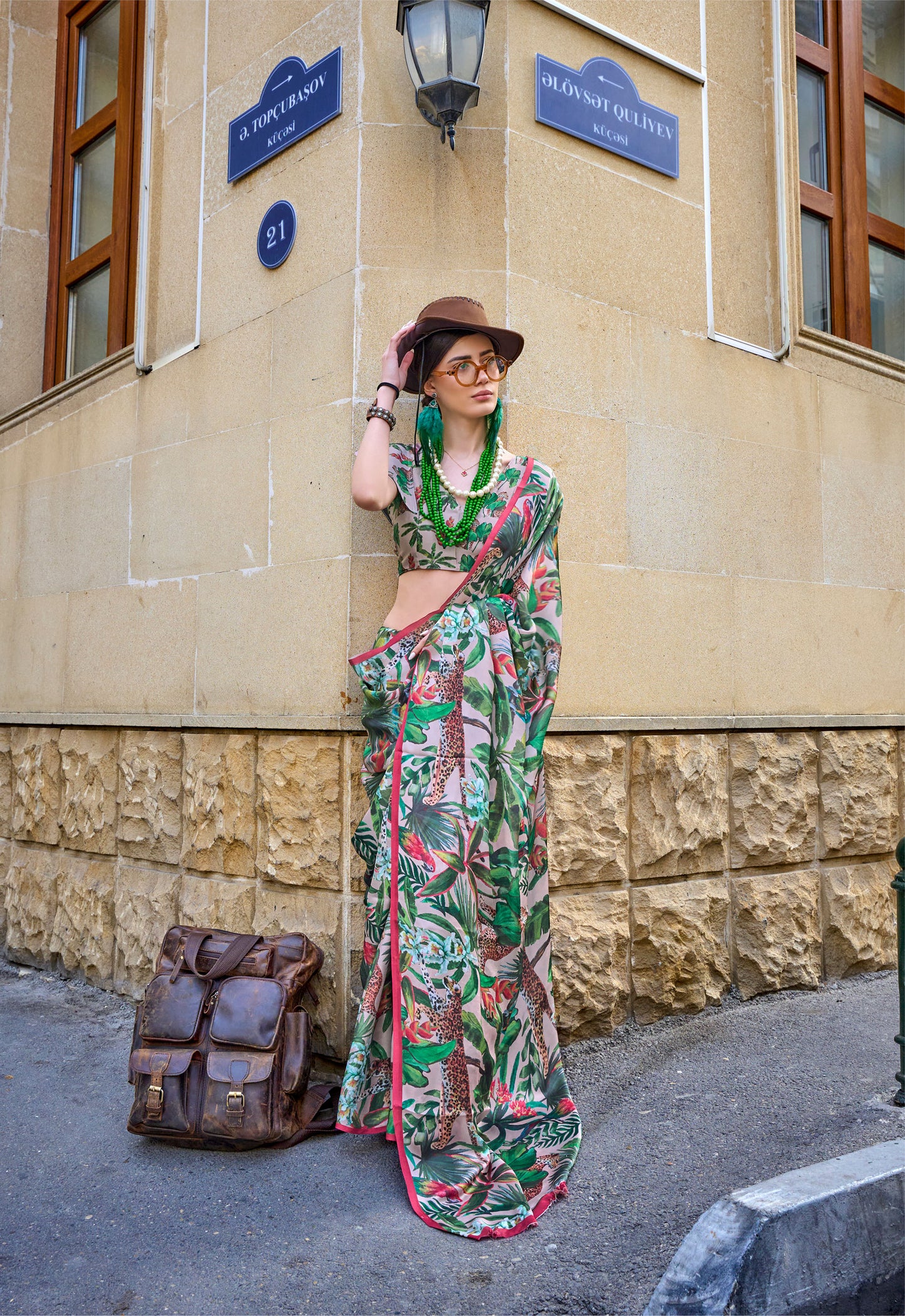 Flora Green Kolombus Satin Georgette Printed Saree