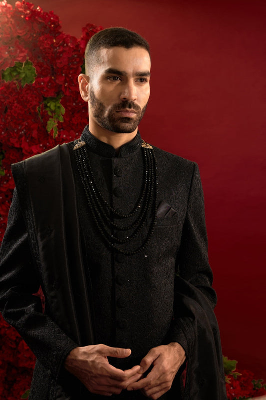 Black silk sherwani with machine work