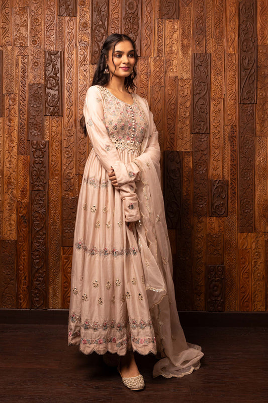 Tales of grace Light Pink Chanderi silk Embroidered Festive Anarkali