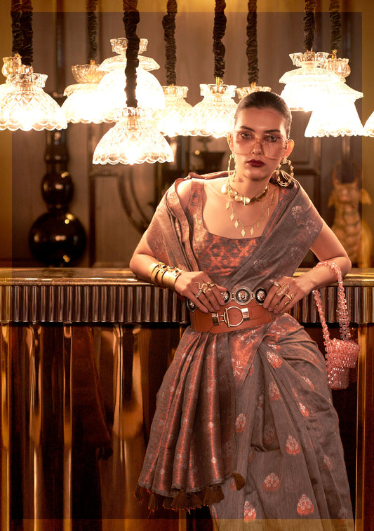 Brown Klassima Linen Pure Linen Zari woven saree