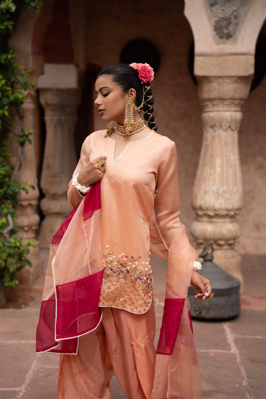 Peach Pink Hand-Embroidered Farshi Set