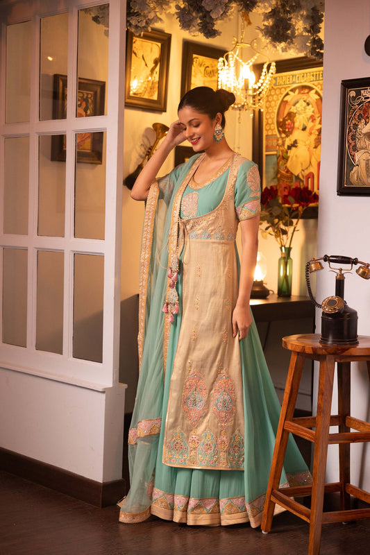 Pietra Dura Turquoise Georgette Machine Embroidered Bridesmaid Anarkali