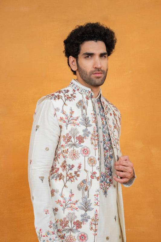 White silk open koti set with multicolour floral thread embroidery