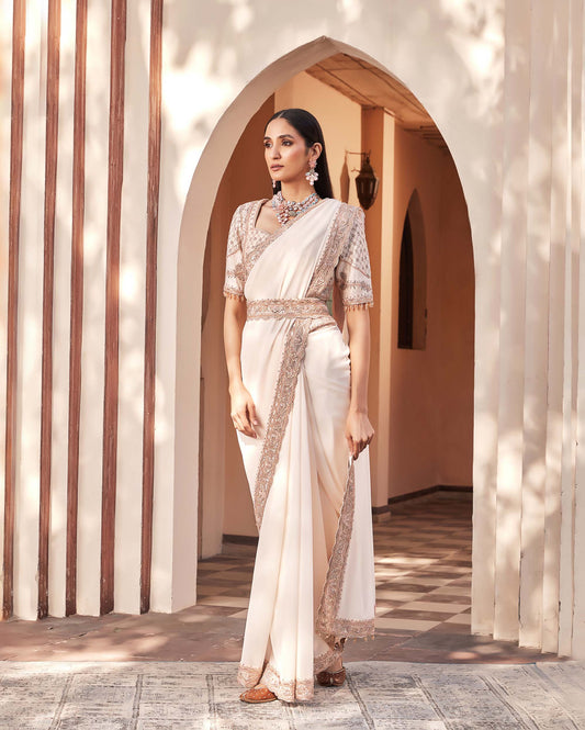 Mughal Light Peach Georgette Embroidered Party Saree