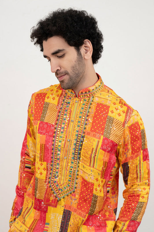 Multicolour resham embroidered satin lenin kurta set with kasab and mirror work