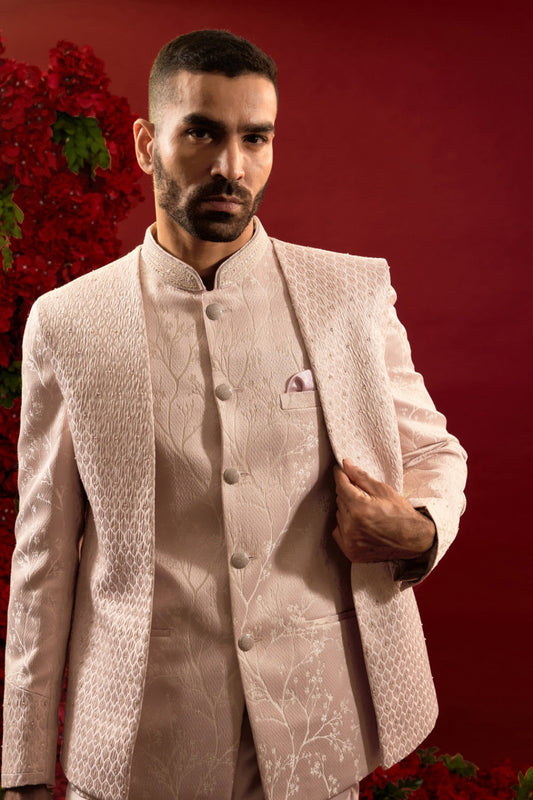 Peach silk suit with machine work