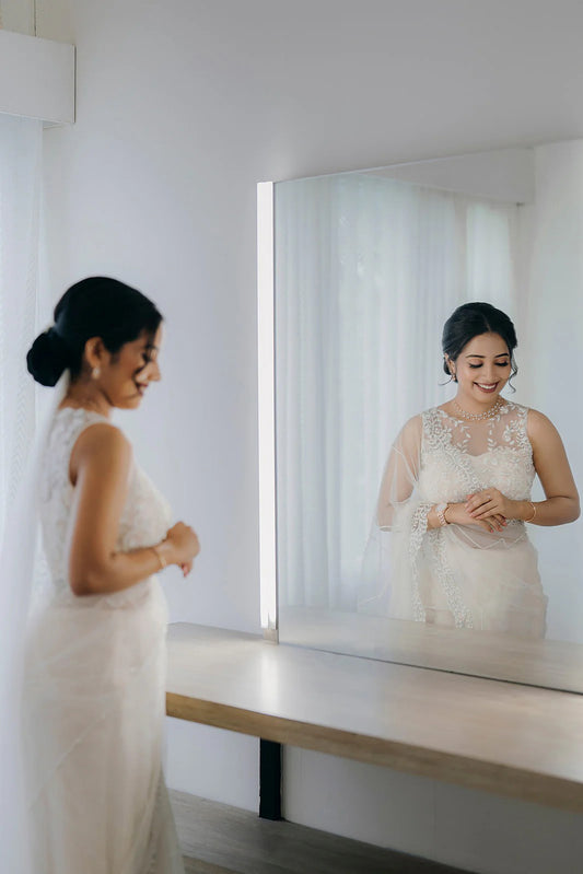 white bridal saree with very class hand embroidery of unique statement piece