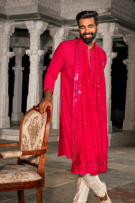 Magenta pink silk kurta set with thread and mirror work