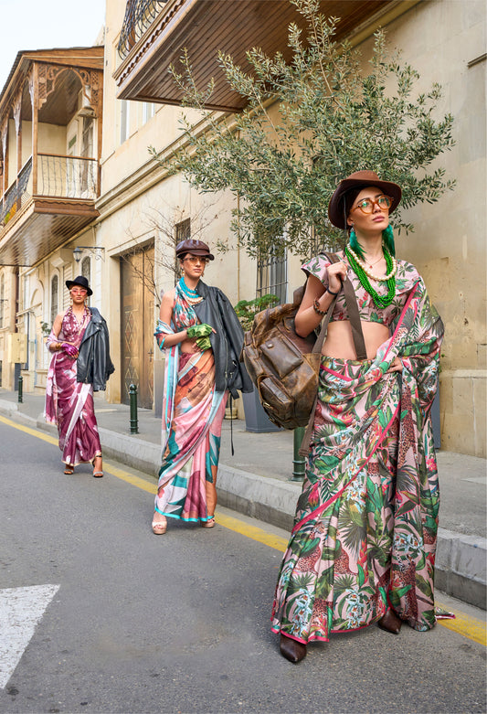 Flora Green Kolombus Satin Georgette Printed Saree