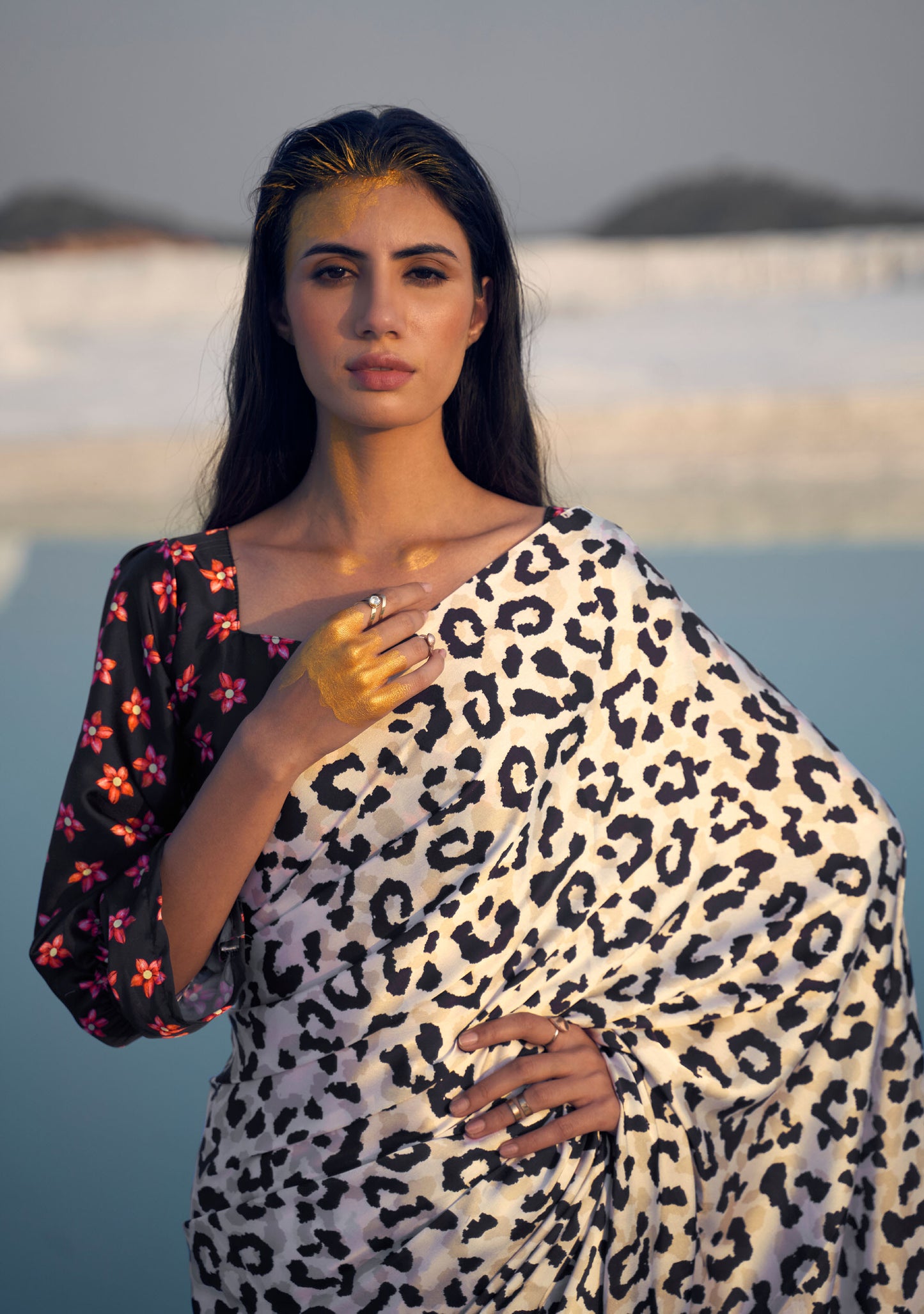 Beige Black Kasa Digital Print Saree