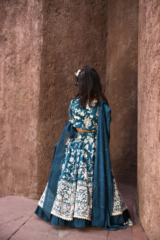 Teal Blue Parsi work Lehenga Choli