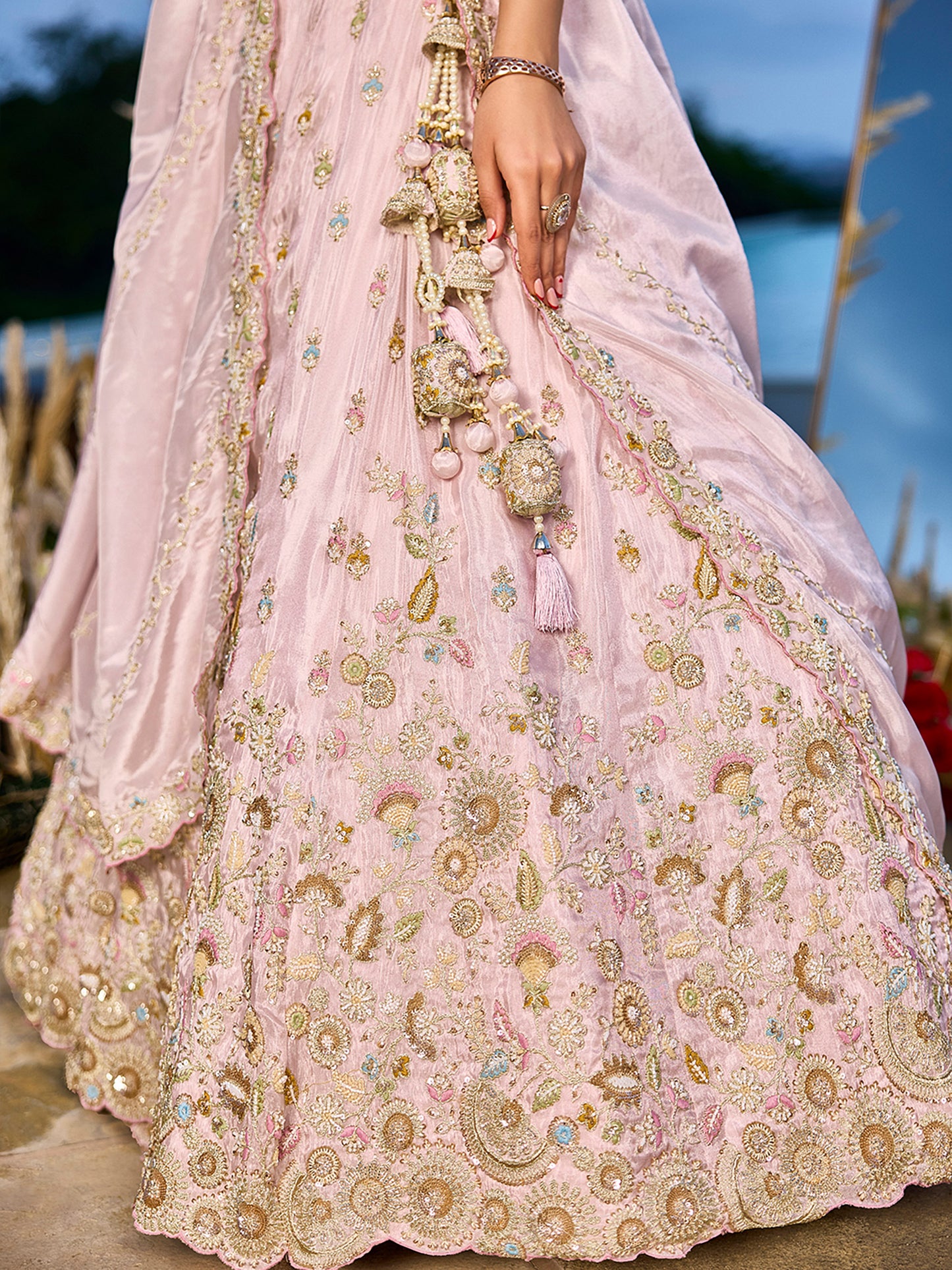 Pink Tissue Beads & Sequins Embroidered Lehenga Choli for Engagement