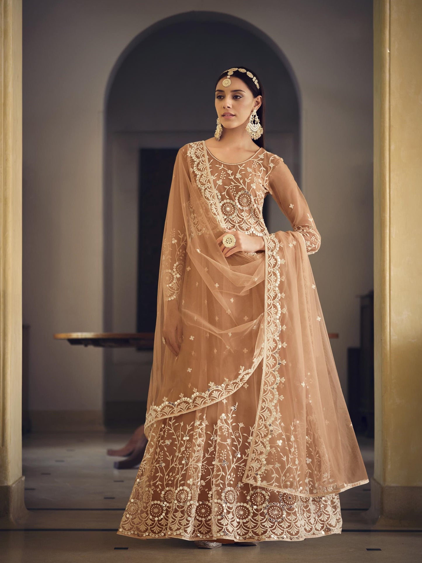 Light Brown Mirror Work Net Embroidered Anarkali