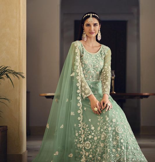 Sea Green Mirror Work Net Embroidered Anarkali