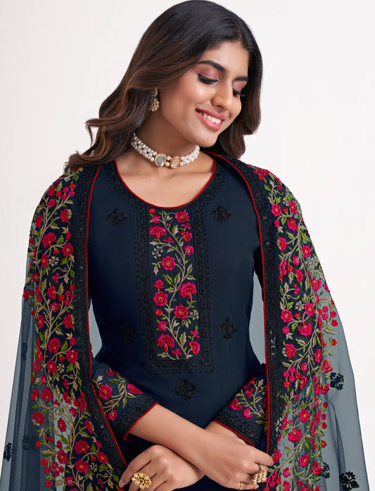 Blue Floral Embroidered Georgette Festive Kurta Set