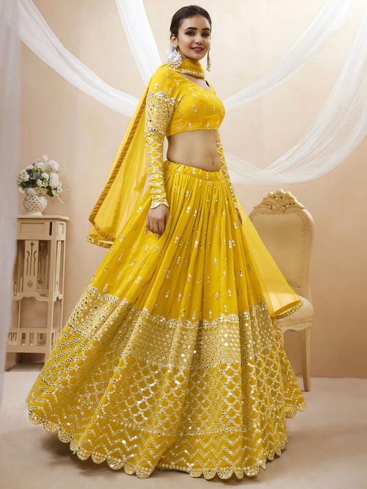 Yellow Georgette Zari & Sequins, Dori Work Bridesmaid Lehenga for Haldi