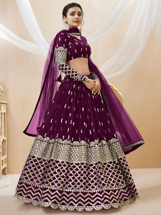 Wine Georgette Zari & Sequins, Dori Work Bridesmaid Lehenga for Engagement