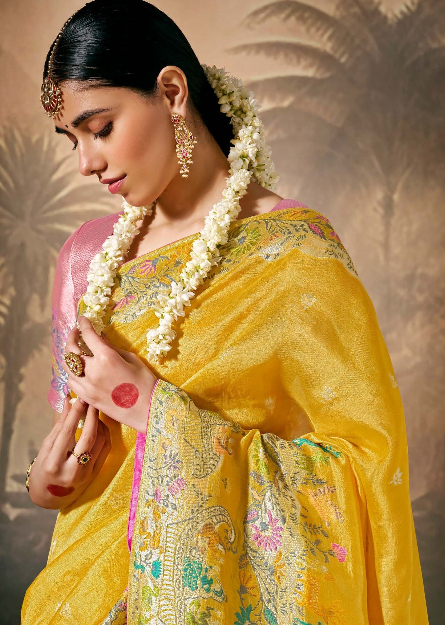Yellow Munga Silk Zari Work & Resham Embroidery
