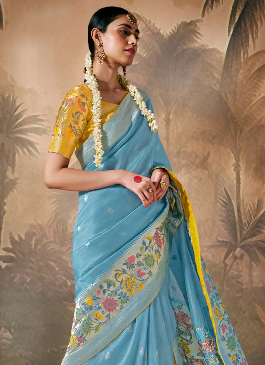 Sea Blue Munga Silk Zari Work & Resham Embroidery