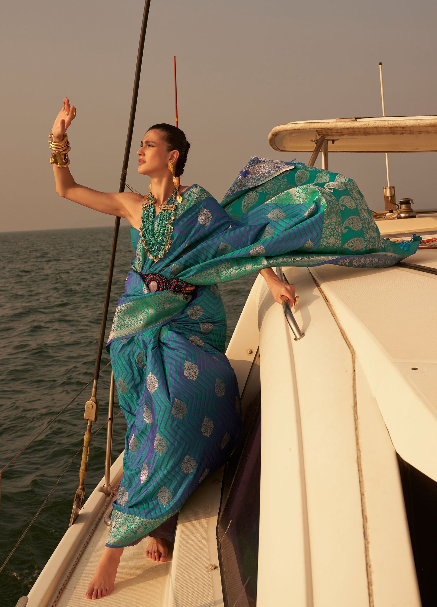 Teal and Green Kingston Pure Satin Nylon two tone saree