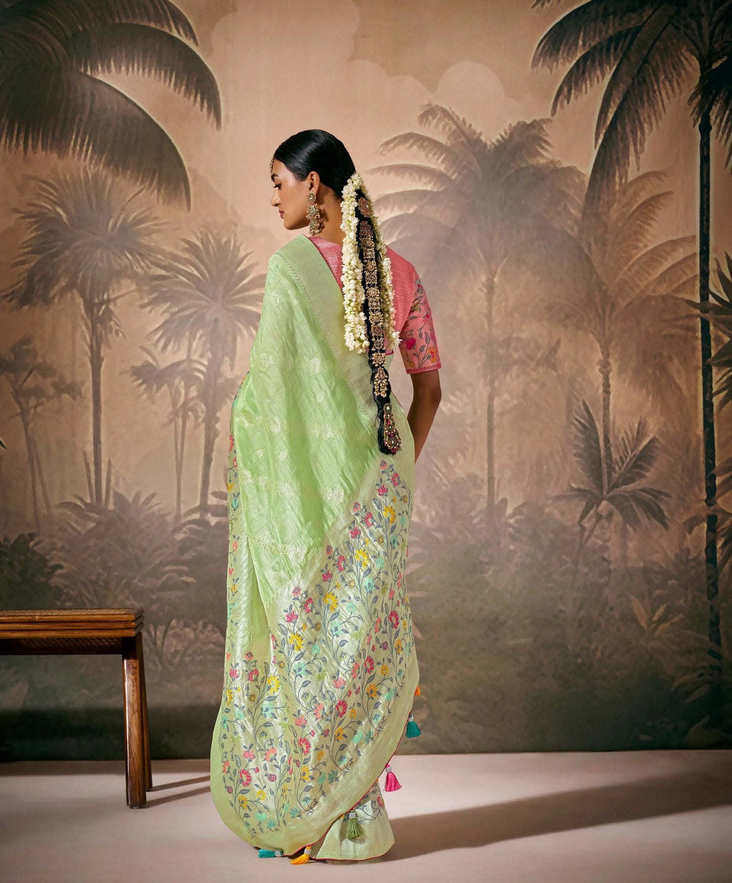 Pista Green Munga Silk Zari Work & Resham Embroidery