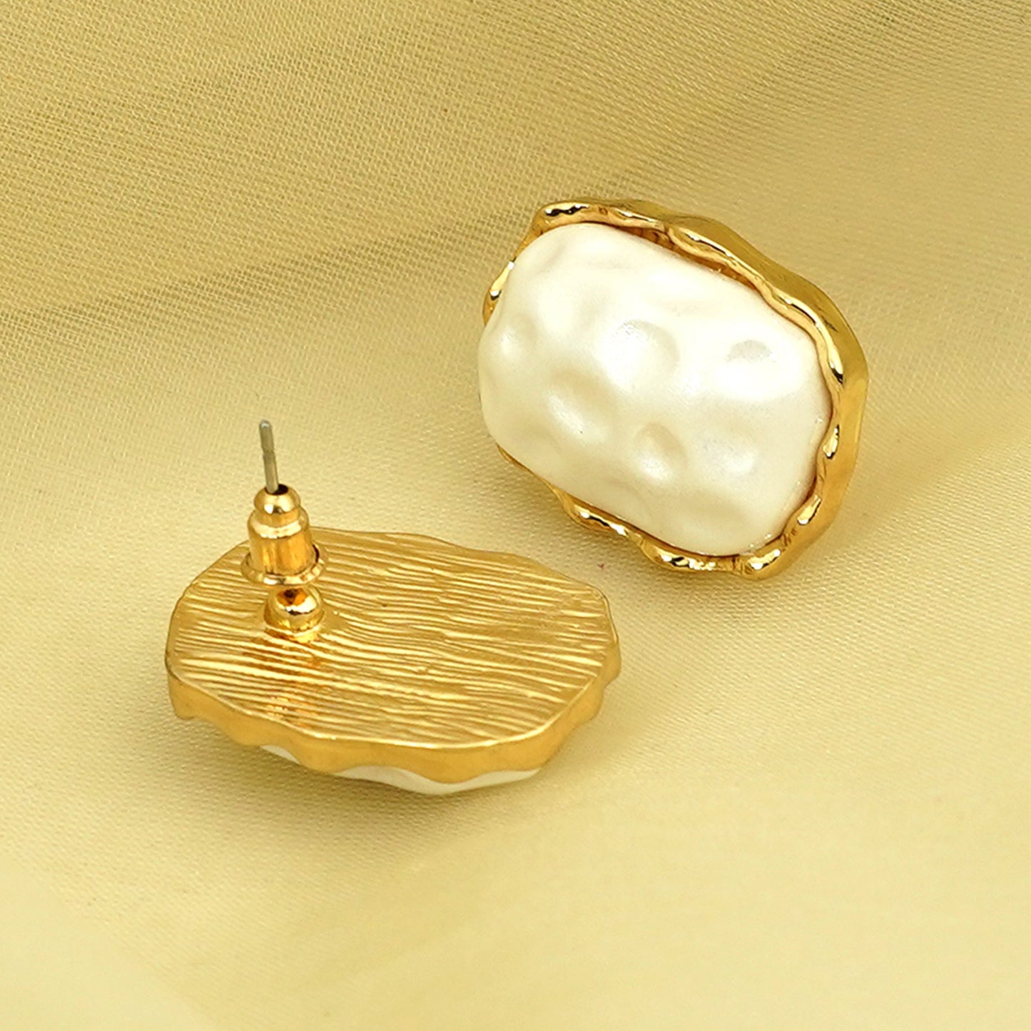Zevar Club Gold Tone White Pearl-Textured Sculpted Frame Stud Earrings for Women