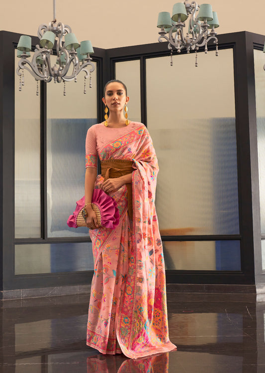 Peach Kabira Kashmiri Modal Handloom Silk Saree